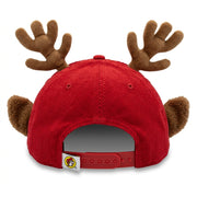 Back view of a red corduroy baseball cap with 3D plush reindeer antlers and ears, showing the adjustable red plastic snapback strap and hanging loop tag.