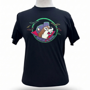 A black short-sleeve t-shirt displayed on a mannequin torso against a white background. The back of the shirt features a colorful graphic of a cartoon beaver wearing a purple wizard hat and cape, surrounded by a green circular frame and small flying bats.