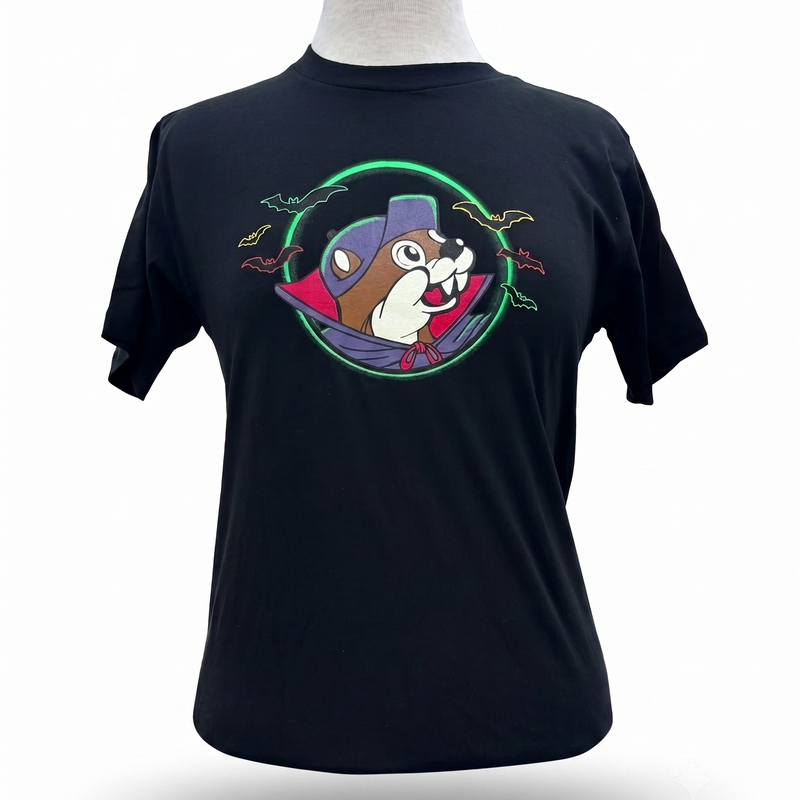 A black short-sleeve t-shirt displayed on a mannequin torso against a white background. The back of the shirt features a colorful graphic of a cartoon beaver wearing a purple wizard hat and cape, surrounded by a green circular frame and small flying bats.