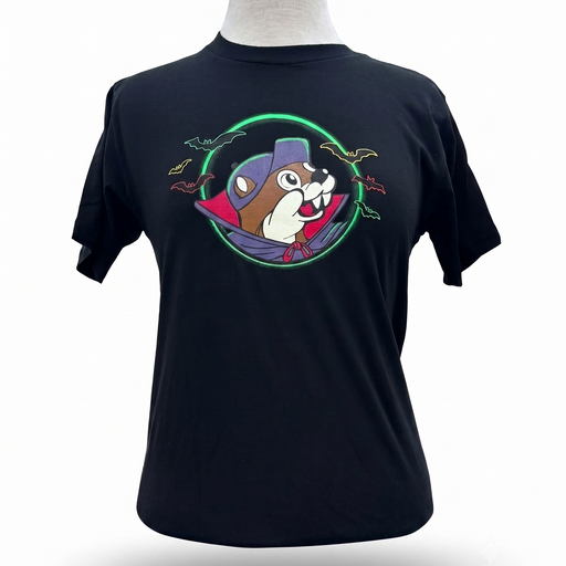 A black short-sleeve t-shirt displayed on a mannequin torso against a white background. The back of the shirt features a colorful graphic of a cartoon beaver wearing a purple wizard hat and cape, surrounded by a green circular frame and small flying bats.