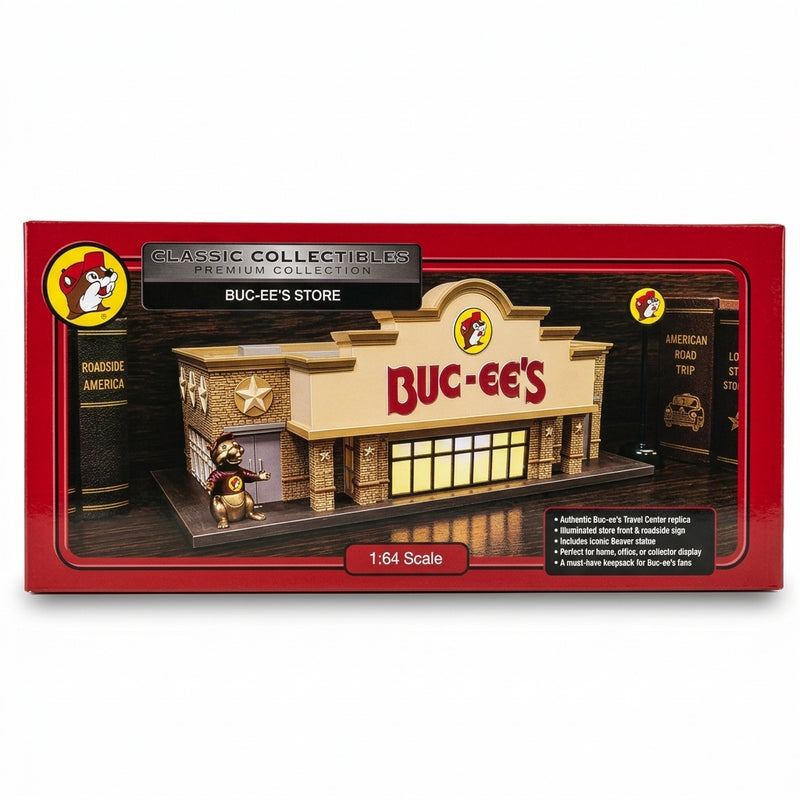 Red Classic Collectibles Premium Collection box for the 1:64 scale Buc-ee's Store model with a feature list
