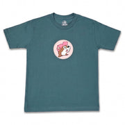 A teal blue short-sleeve t-shirt with a circular graphic on the chest showing a cartoon Buc-ee logo wearing a pink hat, displayed flat against a white background.
