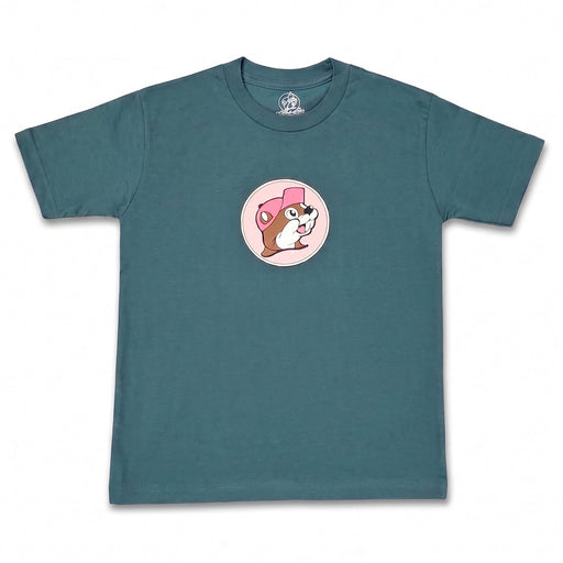 A teal blue short-sleeve t-shirt with a circular graphic on the chest showing a cartoon Buc-ee logo wearing a pink hat, displayed flat against a white background.