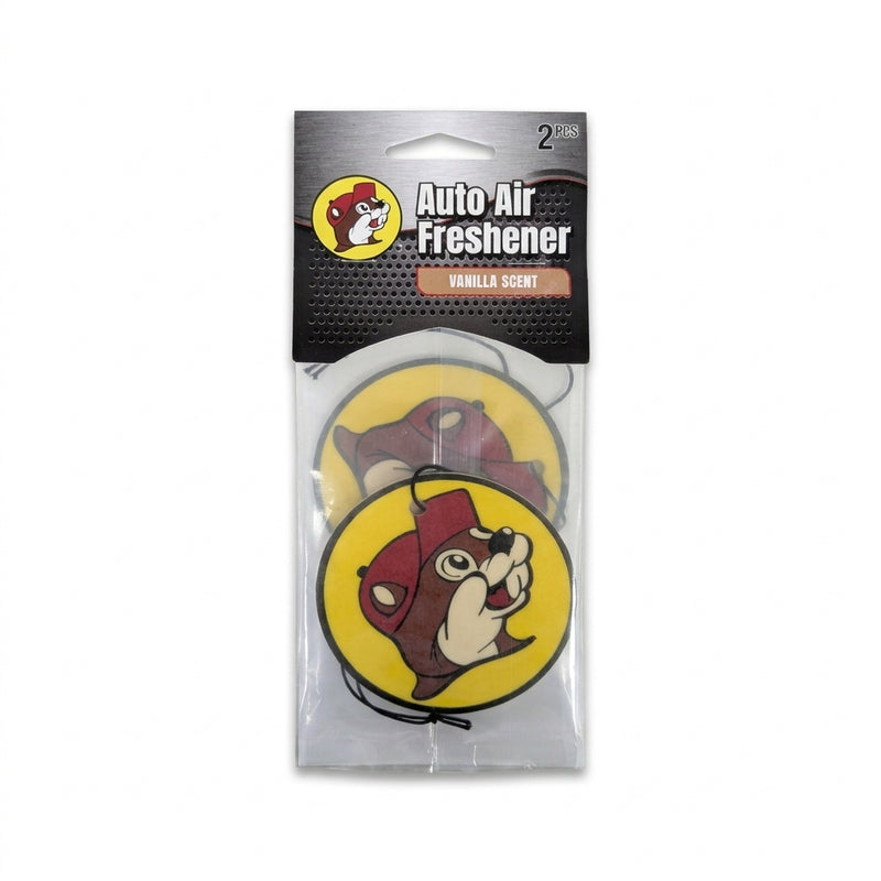 Retail packaging for a 2-pack of Buc-ee’s Vanilla Scent Auto Air Fresheners, showing two circular hanging air fresheners with the classic Buc-ee's beaver logo on a yellow background.