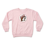 Light pink youth crewneck sweatshirt featuring a circular center patch of the Buc-ee's beaver wearing a pink hat in soft chenille fabric.