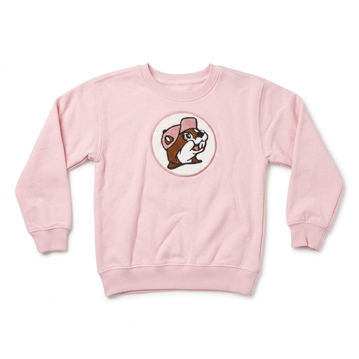 Light pink youth crewneck sweatshirt featuring a circular center patch of the Buc-ee's beaver wearing a pink hat in soft chenille fabric.