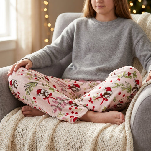 A girl wearing a grey sweater and pink fuzzy pajama pants with Santa Buc-ee the Beaver characters, berries, and greenery on them sits in a chair.