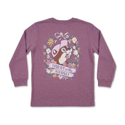 Back view of a youth heather purple long-sleeve T-shirt featuring a large back graphic of Buc-ee inside a floral wreath with a banner reading "FIND JOY in the JOURNEY".