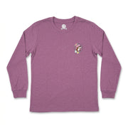Front view of a youth heather purple long-sleeve T-shirt featuring a small circular graphic on the left chest with Buc-ee the Beaver surrounded by flowers.