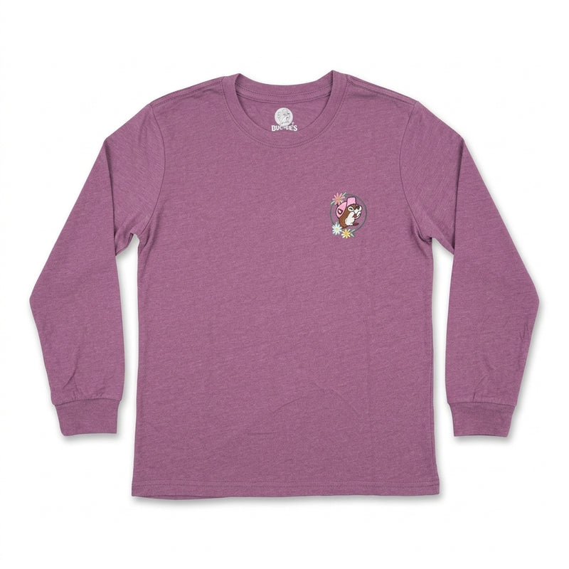 Front view of a youth heather purple long-sleeve T-shirt featuring a small circular graphic on the left chest with Buc-ee the Beaver surrounded by flowers.