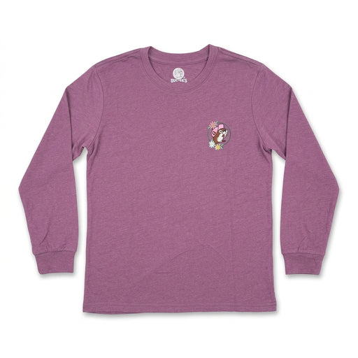 Front view of a youth heather purple long-sleeve T-shirt featuring a small circular graphic on the left chest with Buc-ee the Beaver surrounded by flowers.
