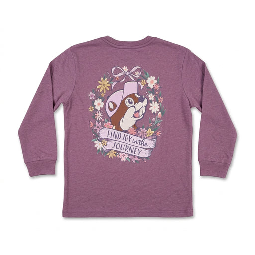 Back of the purple youth Find Joy in the Journey shirt with floral Buc-ee the Beaver