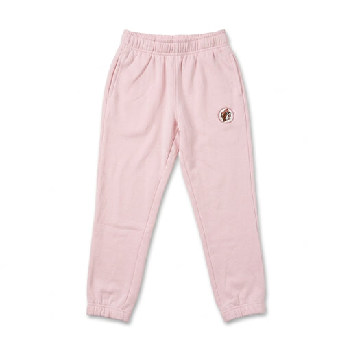 Light pink youth fleece jogger sweatpants featuring an elastic waist, tapered elastic cuffs, side pockets, and a small circular Buc-ee's beaver patch on the left hip.