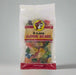 A clear plastic package of Buc-ee's 12 Flavor Gummi Bears with a red label showing the brand logo and the variety of gummy bears inside.