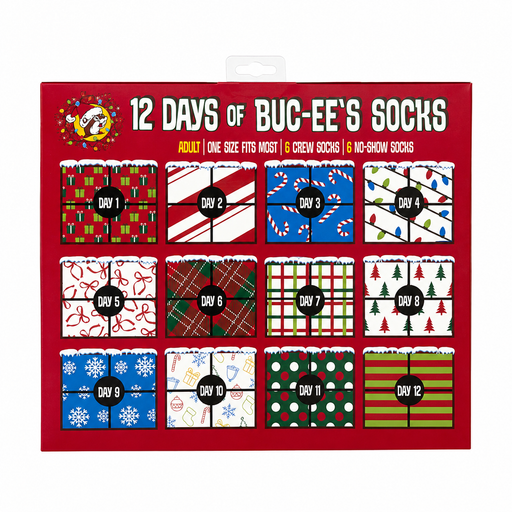 Back of the Buc-ee’s 12 Days of Socks 2026 gift box showing 12 numbered Christmas sock designs in assorted holiday patterns.