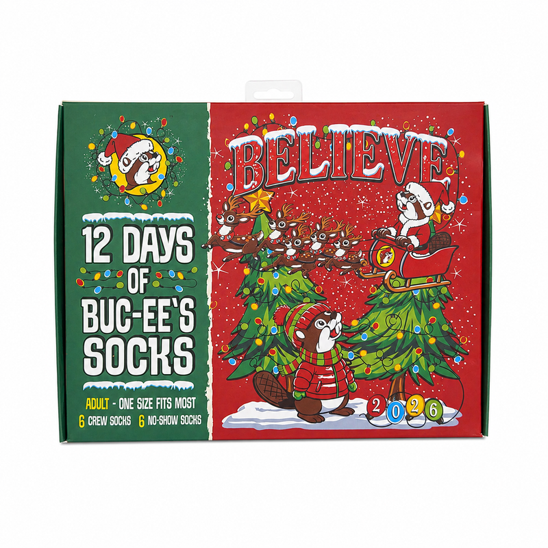 Buc-ee’s 12 Days of Christmas Socks 2026 red and green advent gift box showing Santa Buc-ee in a sleigh