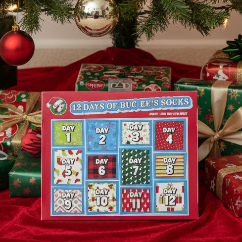 Box of Buc-ee’s 12 Days of Socks featuring holiday-themed packaging with Buc-ee’s beaver mascot and text indicating six no-show socks and six crew socks
