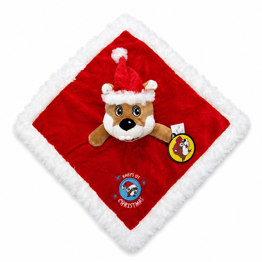 Buc-ee's Baby's 1st Christmas security blanket lovey plush laid flat on a white surface, featuring a plush Buc-ee the Beaver head in a Santa hat, white fur trim, and embroidered holiday lettering.
