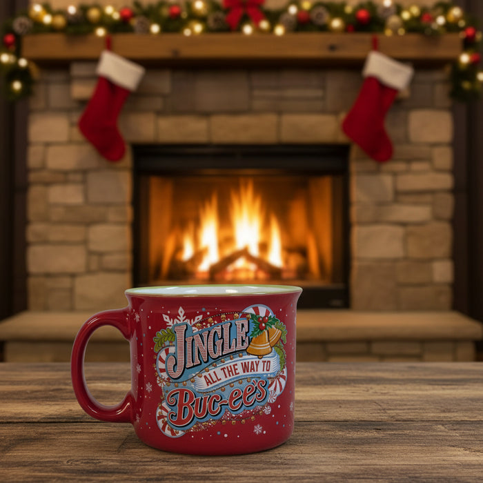 This festive red mug features cheerful artwork on both sides — one side reads “Jingle All the Way to Buc-ee’s” in bright, holiday-inspired lettering, while the other shows Buc-ee the Beaver wearing a Santa hat surrounded by holly and bells.