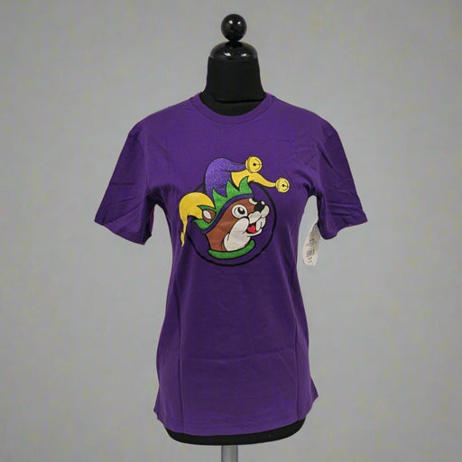 Buc-ee's purple 2025 Mardi Gras shirt with the Buc-ee's logo on the front with a fun hat. 