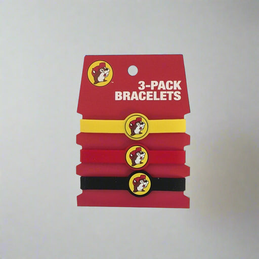 Buc-ee's 3-pack bracelets yellow, red, and black.