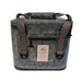 A product photograph displaying the back side of the digital camo Buc-ee's Tech Cooler. Centered on the back is a clear, integrated plastic window displaying a retail insert that reads "YUKON OUTFITTERS WATER RESISTANT TECH POCKET." Directly above the clear window is a horizontal black water-resistant zipper with a heavy-duty T-bar pull tab.