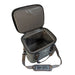 A high-angle product photograph of the camo Buc-ee's 30 Can Tech Cooler with its top lid fully unzipped and propped open. The image highlights the spacious, seamless grey insulated interior and thick, leakproof zipper track. A wide, matching camo shoulder strap with a padded section reading "BUC-EE'S" in bold black text is laid out in front of the cooler on a white background.