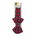 A fabric-covered headband with a large matching red bow. The fabric features a repeating print of the Buc-ee's beaver wearing an American flag top hat. It is displayed on an official white Buc-ee's retail card.