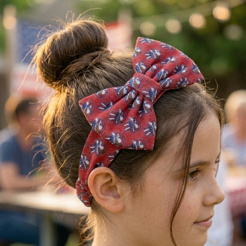 A side-profile lifestyle photo of a young girl with her hair in a bun, wearing a wide, red fabric headband featuring a repeating patriotic Buc-ee’s beaver print. A large, matching fabric bow is positioned prominently on the side of the headband. The girl is smiling outdoors at a sunlit backyard gathering with a blurred American flag and picnic table in the background.