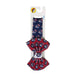 A patriotic-themed headband with a navy blue band, a large red bow, and a white center knot. All sections feature a repeat print of Buc-ee in a patriotic hat. It is shown on a white Buc-ee's retail card labeled "One Size."