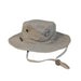 A khaki-colored Buc-ee's adult boonie hat resting on a white background. The hat features a wide, structured brim, a circular printed Buc-ee’s beaver logo on the front crown, and a side panel with a small "BUC-EE'S" branded fabric tab. It includes a matching khaki chin strap with a color-coordinated adjustable toggle and side ventilation eyelets for airflow.