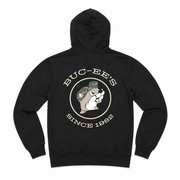 Back view of a black pullover hoodie featuring a large circular graphic of Buc-ee wearing a camouflage hat with "BUC-EE'S SINCE 1982" text.