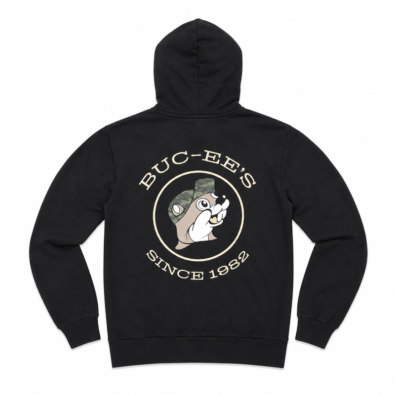 Back view of a black pullover hoodie featuring a large circular graphic of Buc-ee wearing a camouflage hat with "BUC-EE'S SINCE 1982" text.
