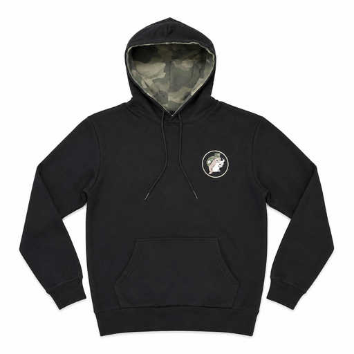 Front view of a black pullover hoodie featuring a small circular Buc-ee's camo hat logo on the left chest, a front pouch pocket, and a green camouflage hood lining.