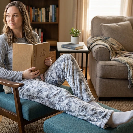 Buc-ee’s Adult Camo Plush Sherpa Pants on a lady sitting in a chair.