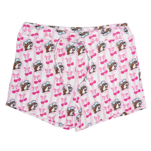 Buc-ee's adult pink lounge shorts laid flat against a clean white background, featuring an all-over Buc-ee beaver and cherry pattern with a functional drawstring tie.