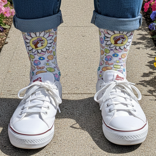 A person standing on a paved sidewalk, wearing Buc-ee’s Easter crew socks paired with white sneakers. The socks feature a white background with a vibrant, repeating pattern of pastel Easter eggs, butterflies, and large daisies that have the iconic Buc-ee’s beaver mascot at their center. The person is wearing medium-wash blue jeans that are rolled up at the ankles to fully showcase the socks. The sidewalk is lined on both sides by lush, colorful flower beds filled with blooming pansies.
