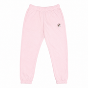 Light pink adult fleece jogger sweatpants laid flat, featuring an elastic waistband, tapered ribbed ankles, side pockets, and a circular Buc-ee's beaver logo patch on the left hip.