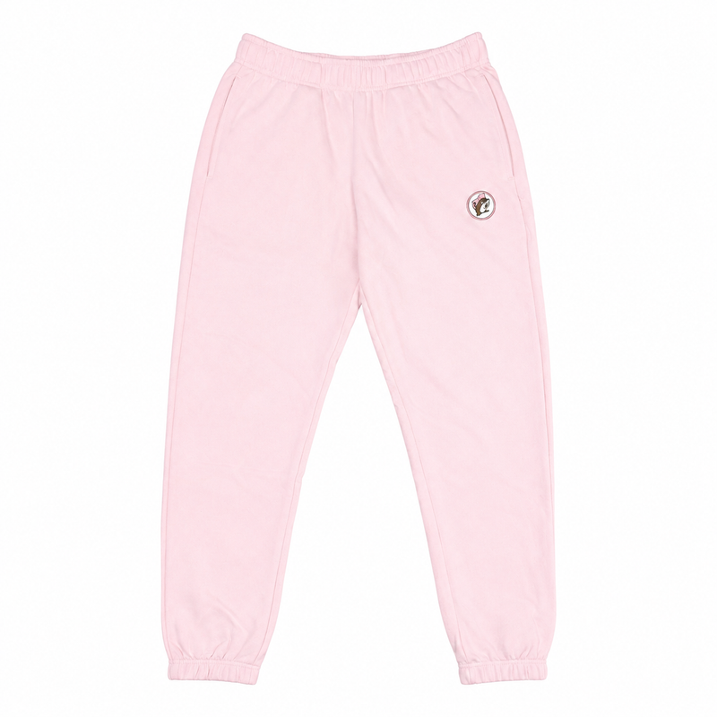 Light pink adult fleece jogger sweatpants laid flat, featuring an elastic waistband, tapered ribbed ankles, side pockets, and a circular Buc-ee's beaver logo patch on the left hip.