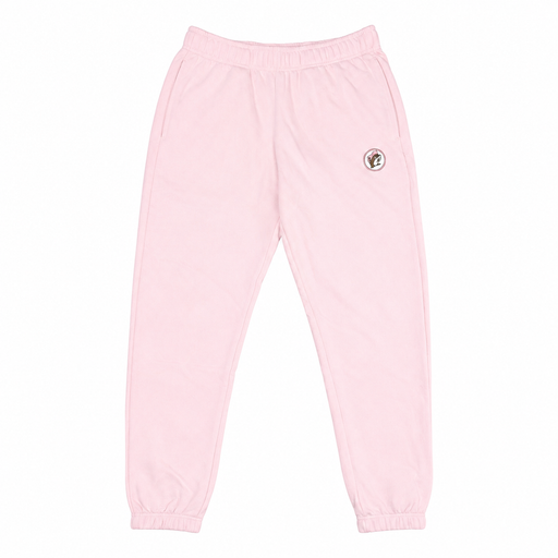 Light pink adult fleece jogger sweatpants laid flat, featuring an elastic waistband, tapered ribbed ankles, side pockets, and a circular Buc-ee's beaver logo patch on the left hip.