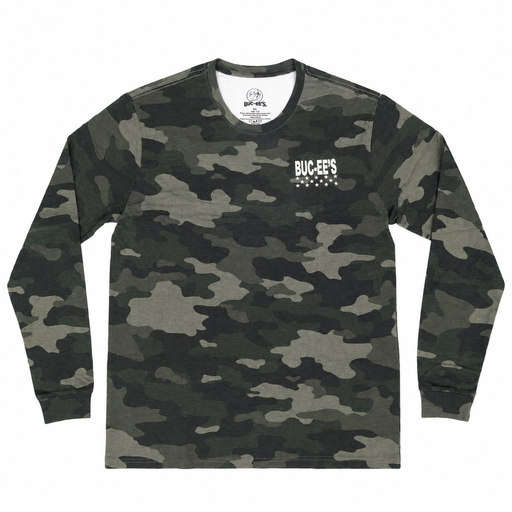 Adult long-sleeve woodland camouflage t-shirt laid flat, featuring a small "BUC-EE'S" text logo with stars on the left chest.