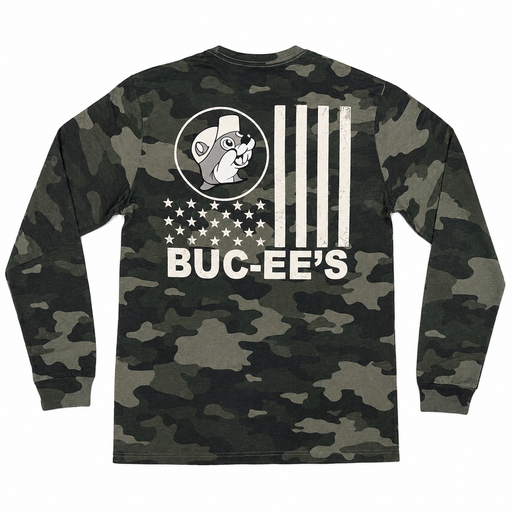 Camo long sleeve Buc-ee's shirt laid flat, back view with Buc-ee the Beaver flag graphic