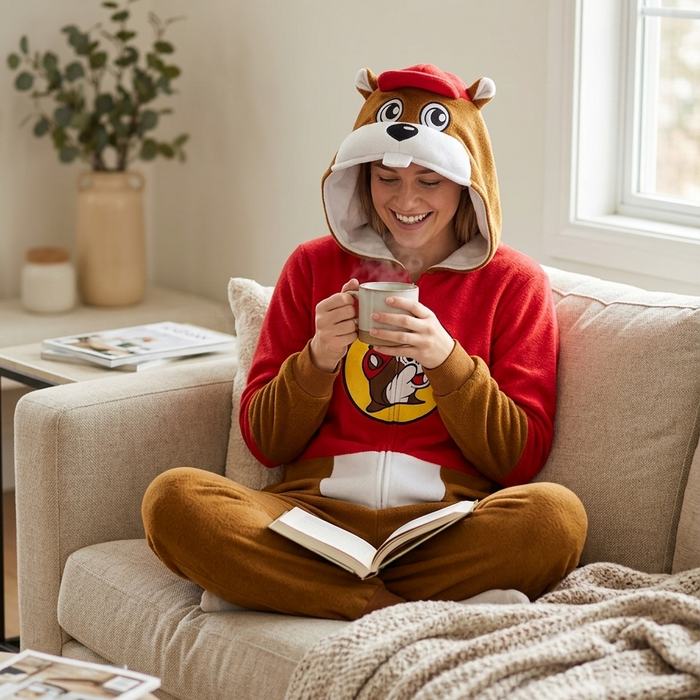 A lifestyle photo of a smiling woman sitting, cross-legged, on a light beige sofa in a cozy, modern living room. She is wearing a full-body, brown and red fleece Buc-ee’s character union suit. The onesie features the brown beaver character hood, the red upper chest with the central Buc-ee's logo, and the white belly detail. She is holding a ceramic mug with both hands and has an open book resting on her lap. Natural light streams in from a window in the background.