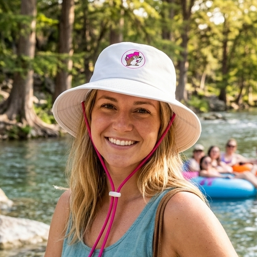 A lifestyle photo of a smiling adult woman, with her blonde hair worn down, wearing the Buc-ee's White Adult Bucket Hat, which features the distinctive centered beaver logo (the beaver wearing a matching pink cap) and the adjustable pink drawstring with a white toggle secured. She is wearing a blue tank top and standing in front of a blurred out river with people floating in colorful inner tubes.