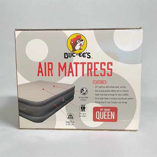 Back of Buc-ee’s Queen Air Mattress box displaying product specifications and pump detail

