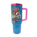 Front view of a blue 40 oz Buc-ee's Alabama travel tumbler against a plain white backdrop. The tumbler features an all-over pattern of pink and yellow outlined roses, a large pink handle on the right, and a prominent central graphic of the state of Alabama outline filled with roses, featuring the Buc-ee's mascot and the text "Buc-ee's Alabama."