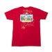 Back view of a red Buc-ee's t-shirt laid flat on a white background, showing a white map outline of Alabama populated with city names, overlaid with a large graphic of an Alabama license plate that reads "BUC-EE'S."