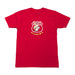 Front view of a vibrant red short-sleeve crew neck t-shirt laid flat on a white background, featuring a white highway shield logo on the chest enclosing a cartoon beaver mascot with the words "Buc-ee's Alabama."