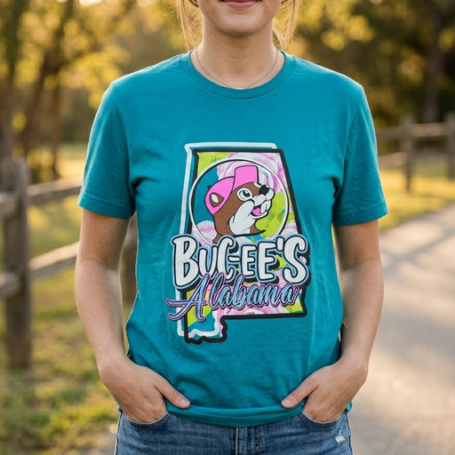 A photo of a woman wearing a turquoise Buc-ee's t-shirt. The shirt features a large central graphic of the Alabama state outline filled with a vibrant pink and green floral pattern. Inside the state map, a circular frame showcases the cartoon Buc-ee's beaver mascot wearing a hot pink baseball cap. The text "Buc-ee's" is written across the front in bold white bubble letters, with "Alabama" underneath in a retro cursive neon pink script.
