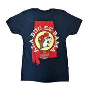 Back view of a navy blue Buc-ee's Alabucceebama t-shirt laid flat, featuring a large graphic of a red Alabama state map outline with the words "Ala-Buc-ee-Bama" circling a beaver logo, above white cursive text reading "the Heart of the South."